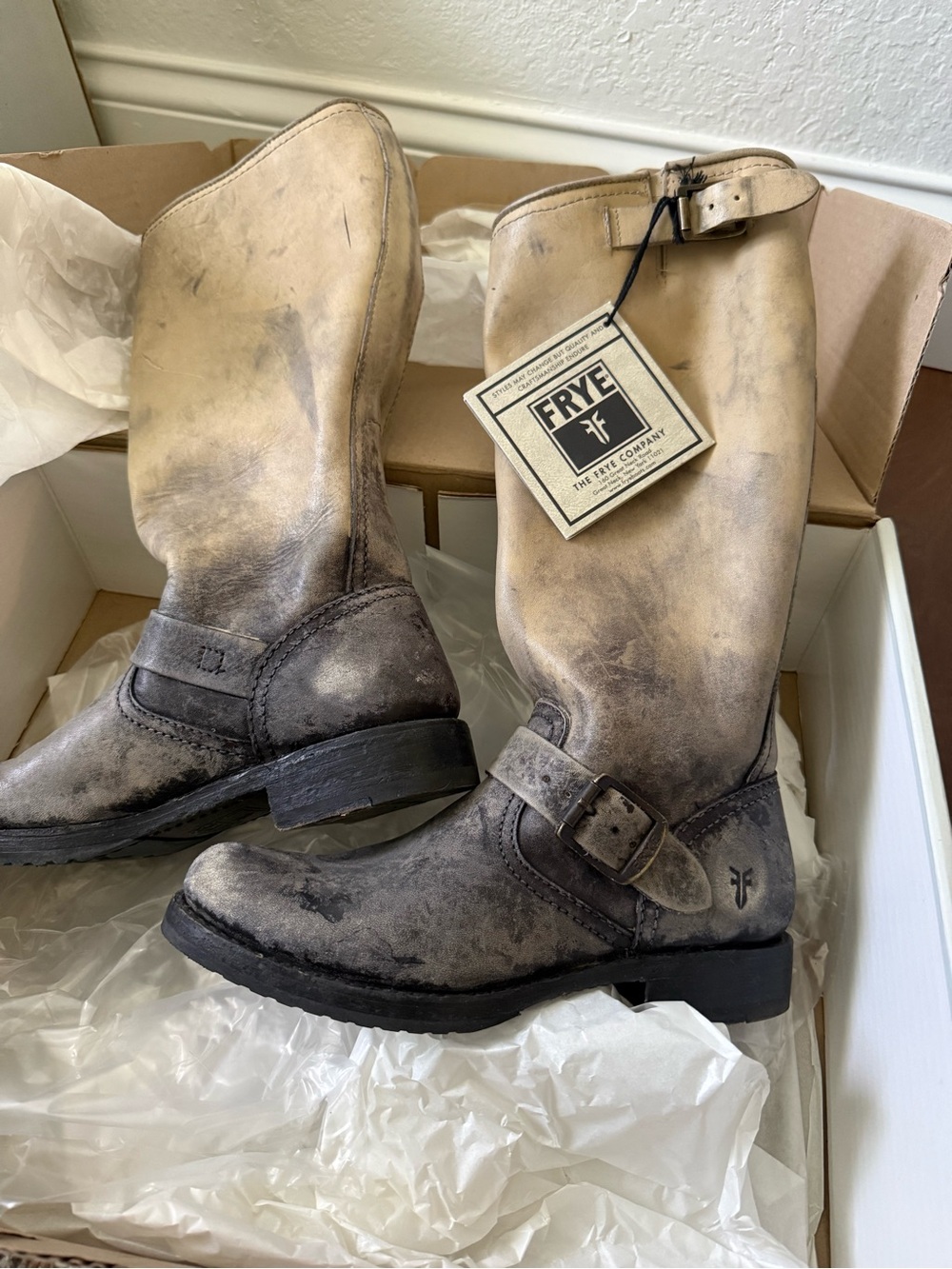 Frye Two-Tone Distressed Leather Harness Boots - Grey and Brown